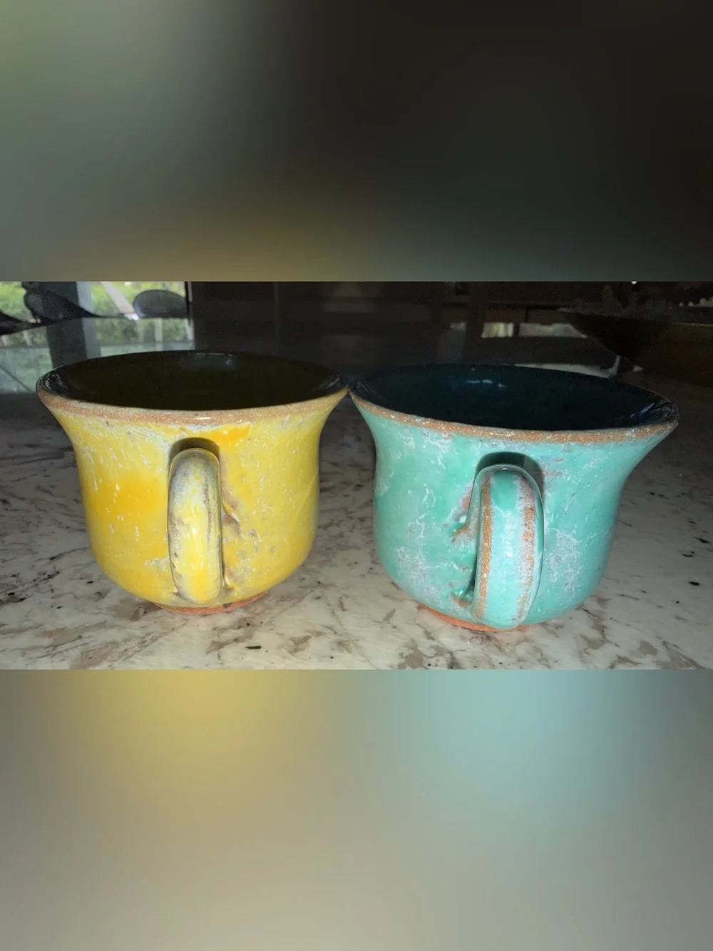 POTERIES DE LA VALLEE NOIRE FRANCE ARTISAN MADE MUG SET - Yellow & Turquoise
